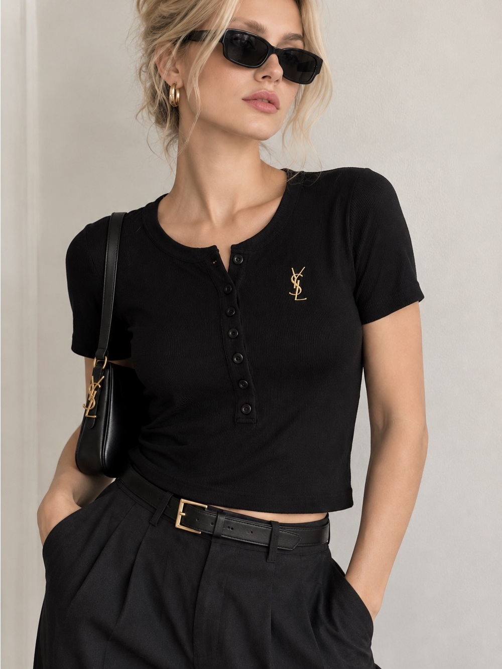 Black Short-Sleeve Henley Top